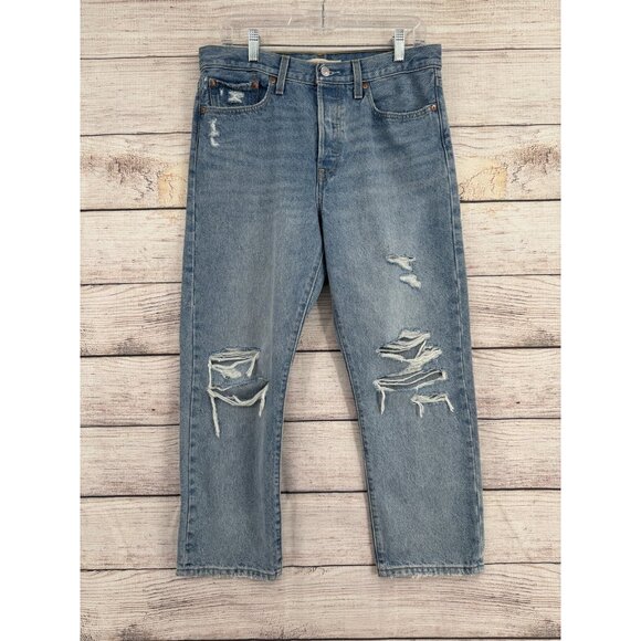 Levis Premium Jeans Womens 30 Blue Wedgie Straight Distressed High Rise Denim - Picture 1 of 13